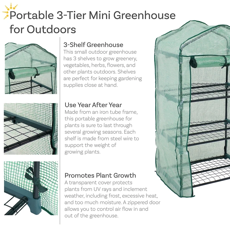 Outdoor Portable 3-Tier Mini Greenhouse with Roll-up Zippered Door and Steel Wire Shelves - Green