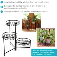 Iron Metal 3-Tiered Decorative Flower Plant Pot Holder Stand Display - Black - 2pk