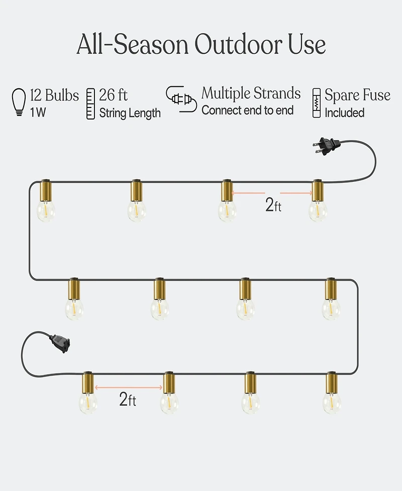 Glow Globe 28 ft Weatherproof Led Outdoor Plug-In String Lights with Brass Hardware