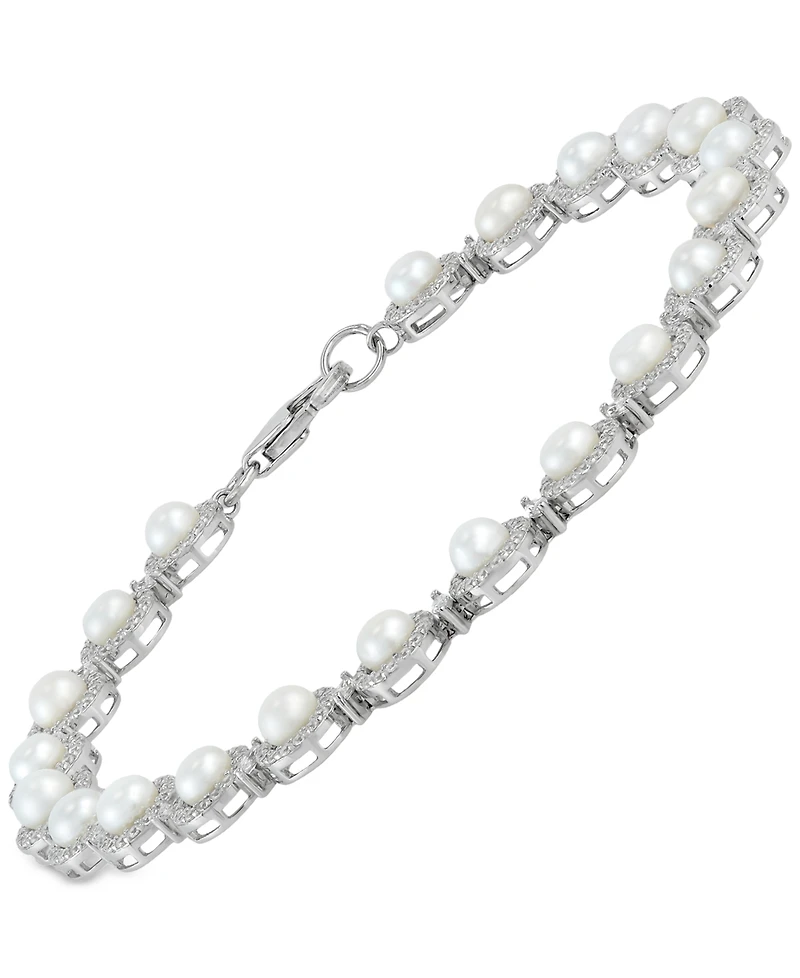 Arabella Cultured Freshwater Button Pearl (4 - 4-1/2mm) & Cubic Zirconia Link Bracelet in Sterling Silver