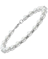 Arabella Cultured Freshwater Button Pearl (4 - 4-1/2mm) & Cubic Zirconia Link Bracelet in Sterling Silver
