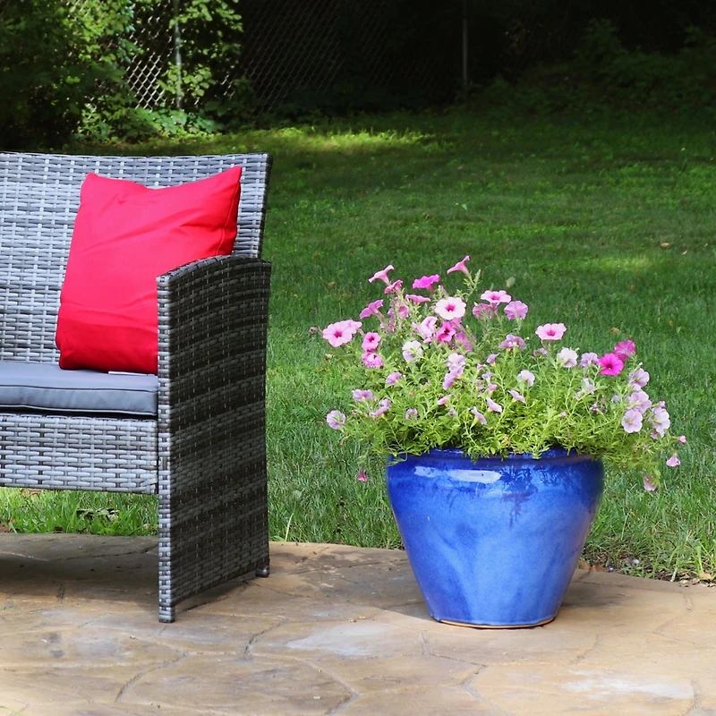 Large Ceramic Planter - Indoor or Outdoor Plant Pot with Drainage Holes - Imperial Blue Glaze Finish - 15
