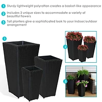 Decorative Square Polyrattan Basket-Style Planters - 9", 11.5", and 14.75" Square - Black - 3-Piece Set