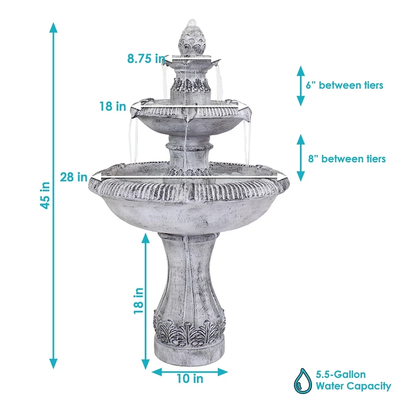 Sunnydaze Decor 45-Inch 3-Tier Mediterranean Outdoor Water Fountain - Glass Fiber Reinforced Concrete Construction - Gray