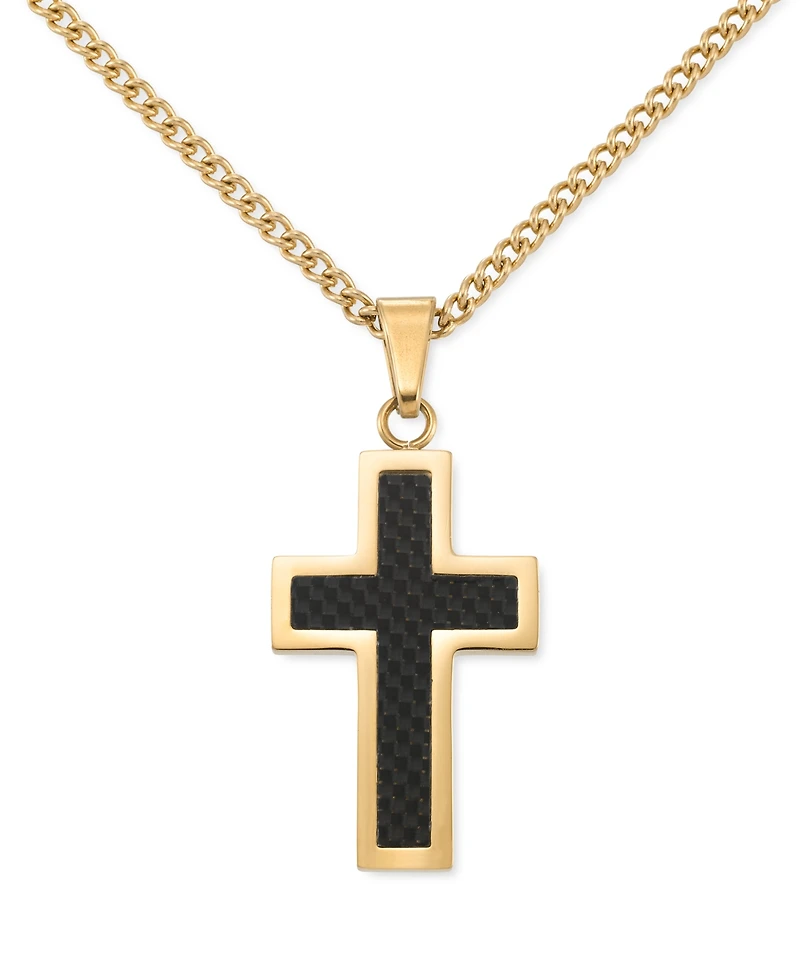 Legacy for Men by Simone I. Smith Black Carbon Fiber Cross 24" Pendant Necklace in Gold-Tone Ion-Plated Stainless Steel