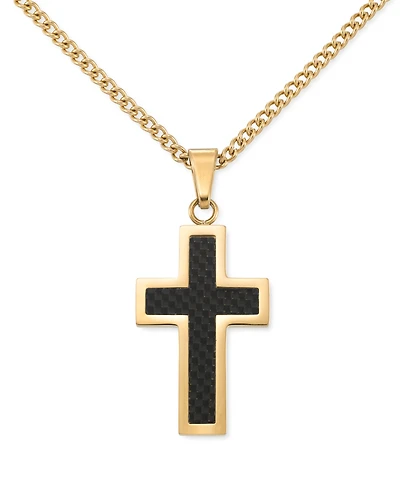Legacy for Men by Simone I. Smith Black Carbon Fiber Cross 24" Pendant Necklace in Gold-Tone Ion-Plated Stainless Steel