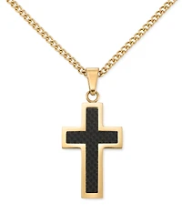 Legacy for Men by Simone I. Smith Black Carbon Fiber Cross 24" Pendant Necklace in Gold-Tone Ion-Plated Stainless Steel