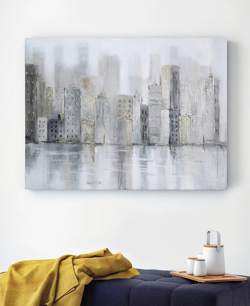 Empire Art Direct Foggy City Textured Metallic Hand Painted Canvas Wall Art, 30" x 40"