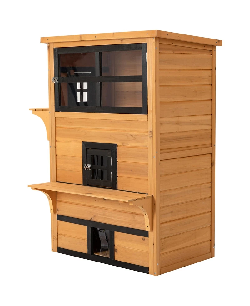 Cat House Outdoor 3-Tier Kitty Shelter, Weather Resistant Escape Door