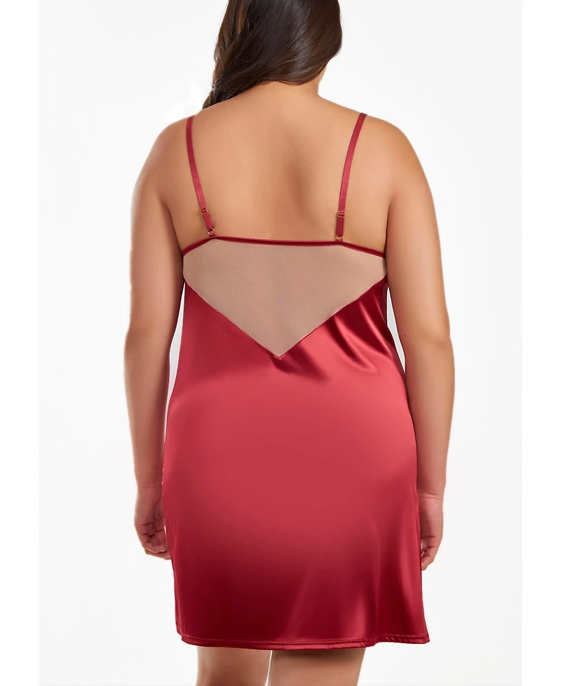 iCollection Jenna Plus Size Contrast Nude and Burgundy Satin Chemise