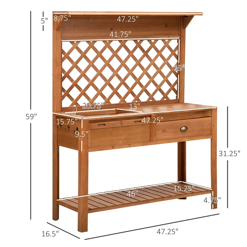 Garden Potting Bench Table Wooden Workstation w/ Metal Screen, Drawer