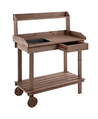 Wood Potting Bench Workstation Table w/ Storage Cabinet, Shelf Natural