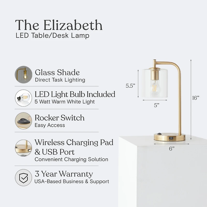 Elizabeth Led Table Lamp with Wireless Charging Pad and Usb Port (16"), Bulb Included