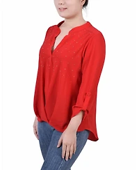 Ny Collection Petite 3/4 Sleeve Mandarin Collar Blouse with Front Pleats