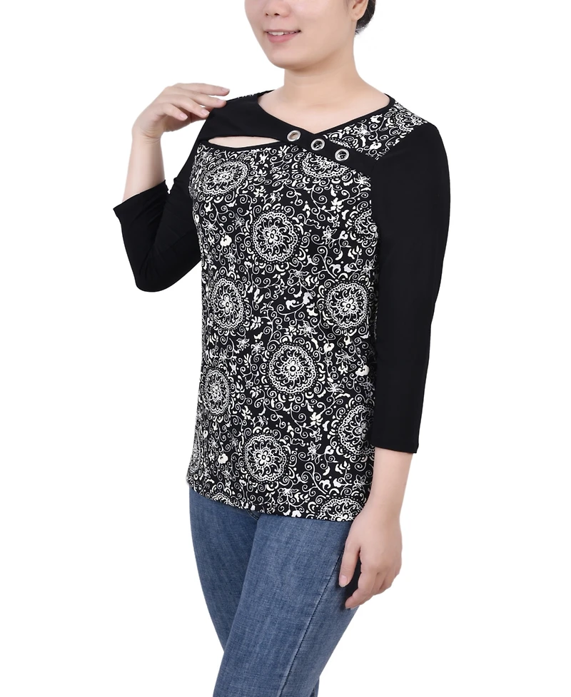 Ny Collection Petite 3/4 Sleeve Puff Print Cutout Top