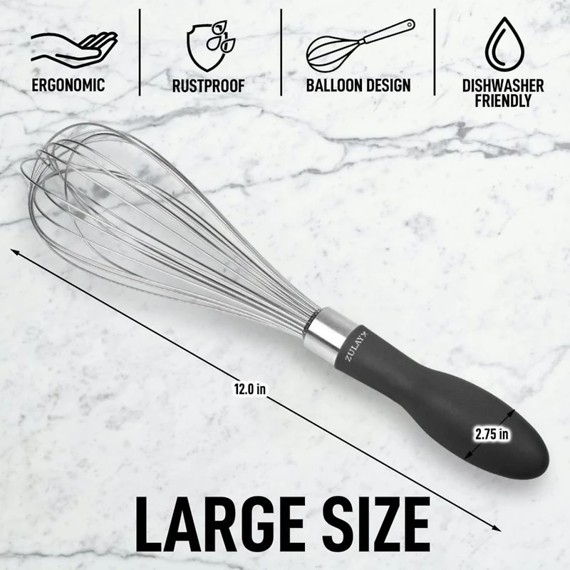 Zulay Kitchen 12-Inch Stainless Steel Whisk - Balloon Tool With Soft Silicone Handle