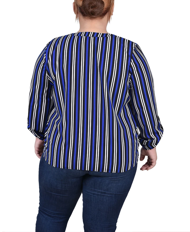 Ny Collection Plus Size Long Roll Tab Sleeve Zip Pocket Blouse