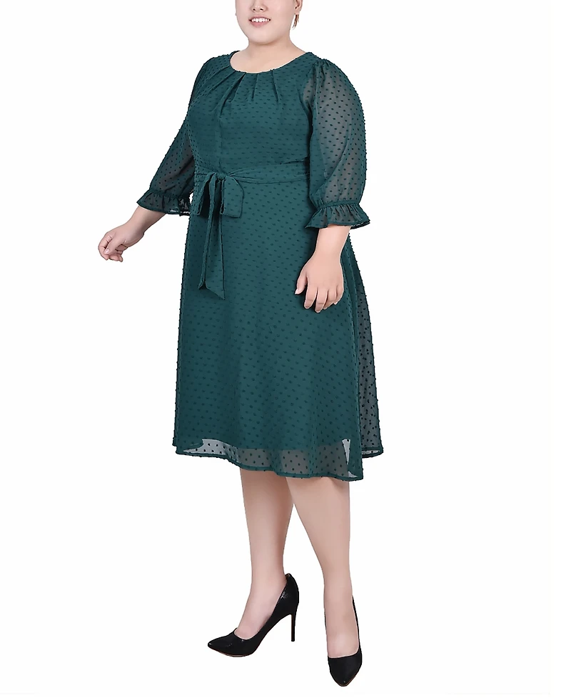 Ny Collection Plus Size 3/4 Sleeve Belted Swiss Dot Dress