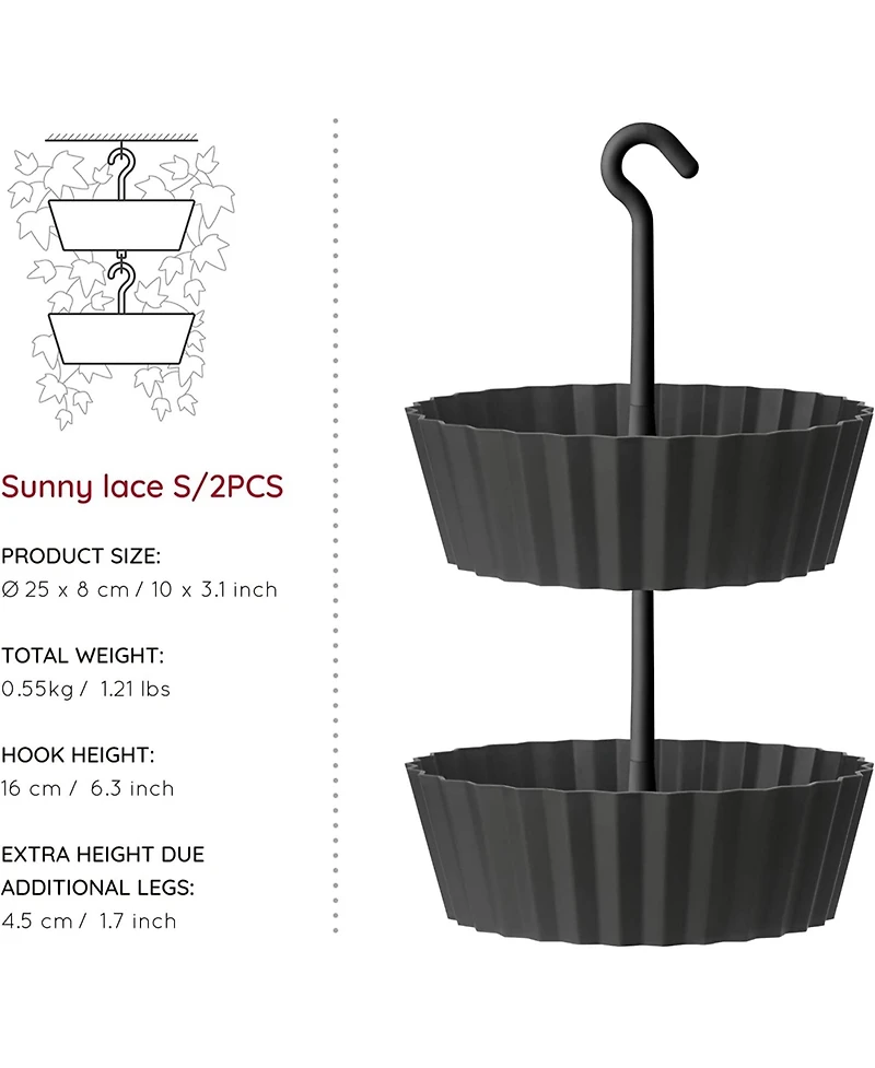 Tree Nest Sunny Hanging 2-Tiered Lace Planter Round Anthracite 10in