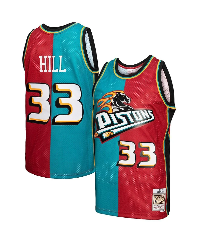 Men's Mitchell & Ness Grant Hill Teal, Red Detroit Pistons Hardwood Classics 1999-00 Split Swingman Jersey