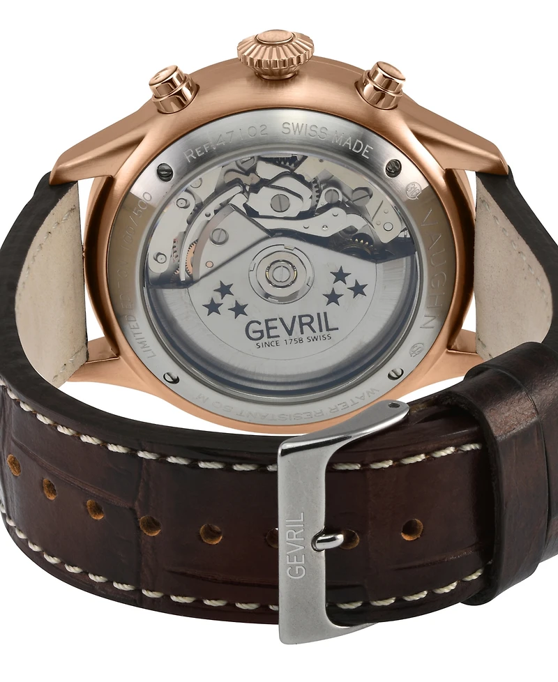 Gevril Men's Vaughn Swiss Automatic Brown Italian Leather Strap Watch 44mm