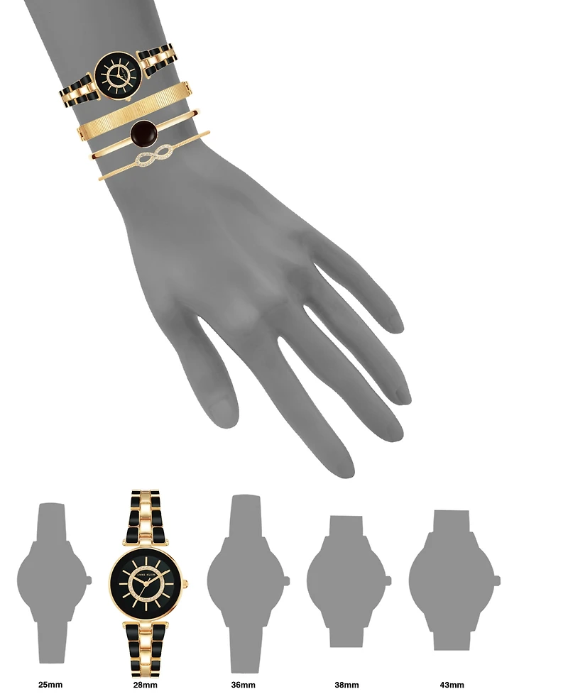 Anne Klein Women's Gold-Tone Alloy Bracelet with Black Enamel and Crystal Accents Fashion Watch 34mm Set 4 Pieces