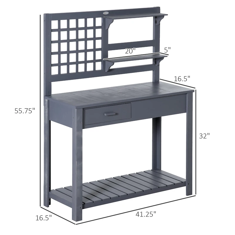 Outsunny Potting Bench Table Workstation w/ Tiers of Shelves and Drawer,