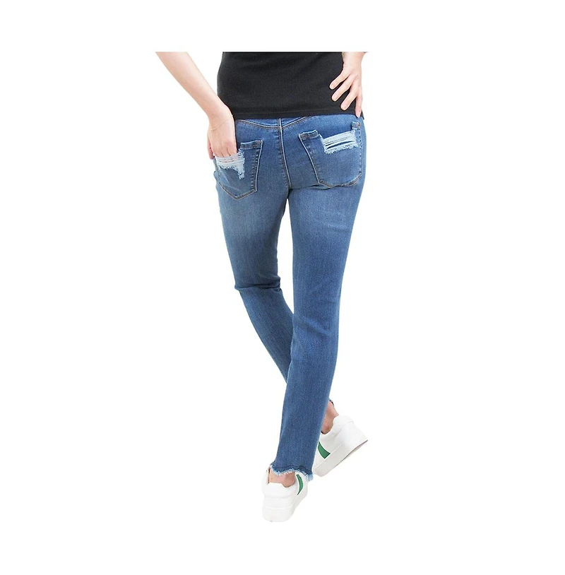 Indigo Poppy Chewed Hem Maternity Skinny Jean with Destructed Back Pocket