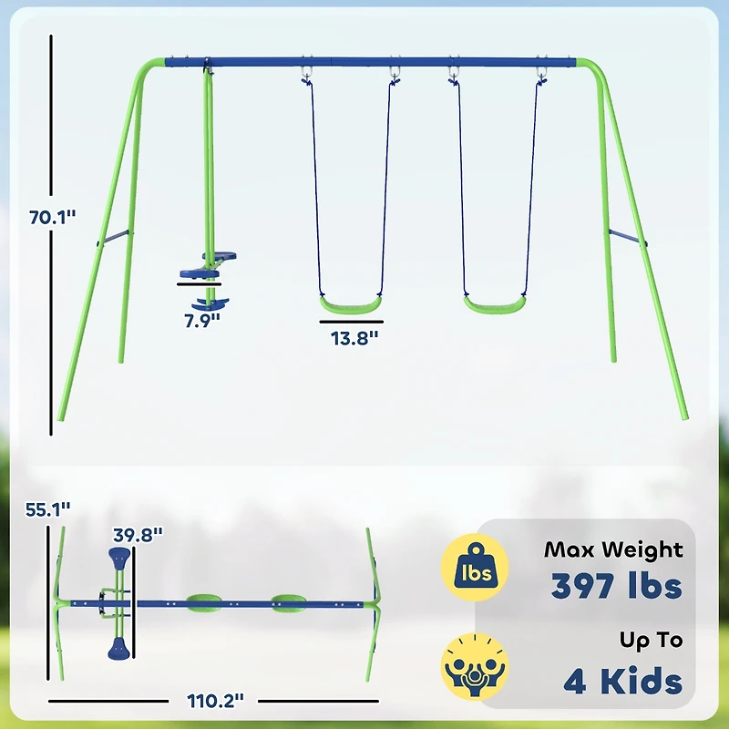 Outsunny 2-in-1 Kids Metal Swing Set for Backyard