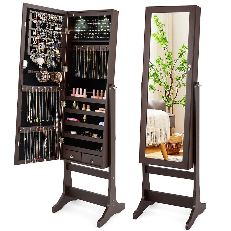 Costway Mirrored Jewelry Cabinet Organizer Storage Stand w/Led Lights
