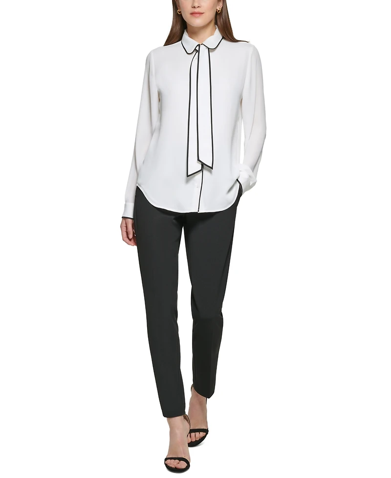 Dkny Petite Piped-Trim Button-Up Blouse, Created for Macy's