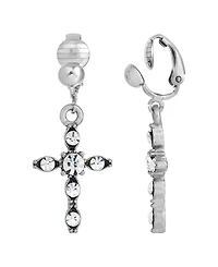 Symbols of Faith Silver-Tone Crystal Cross Drop Clip Earrings
