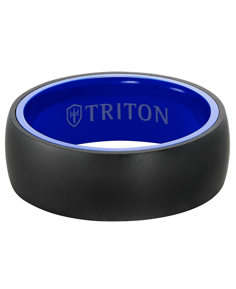 Triton Men's Rounded Edge Wedding Band in Blue Ceramic & Raw Black Tungsten Carbide