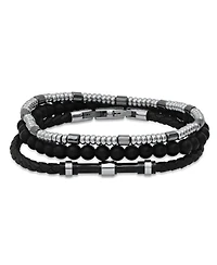 hickey by Hickey Freeman Genuine Leather Skinny with Stainless Steel Hematite Bracelet, 3 Piece Set