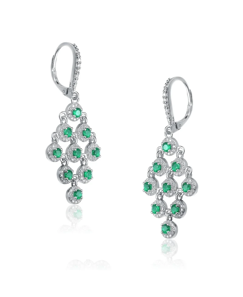 Cubic Zirconia Sterling Silver Rhodium Plated Green Round Chandelier Earrings