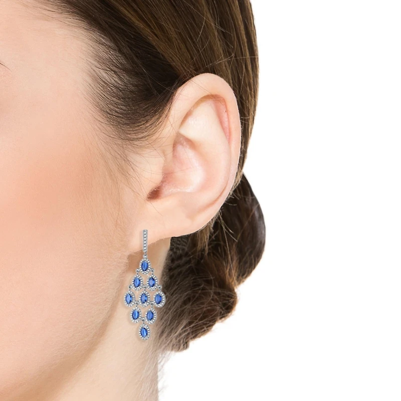 Elegant Chandelier Earrings in Sterling Silver with Rhodium Plating, Featuring Green Round Cubic Zirconia