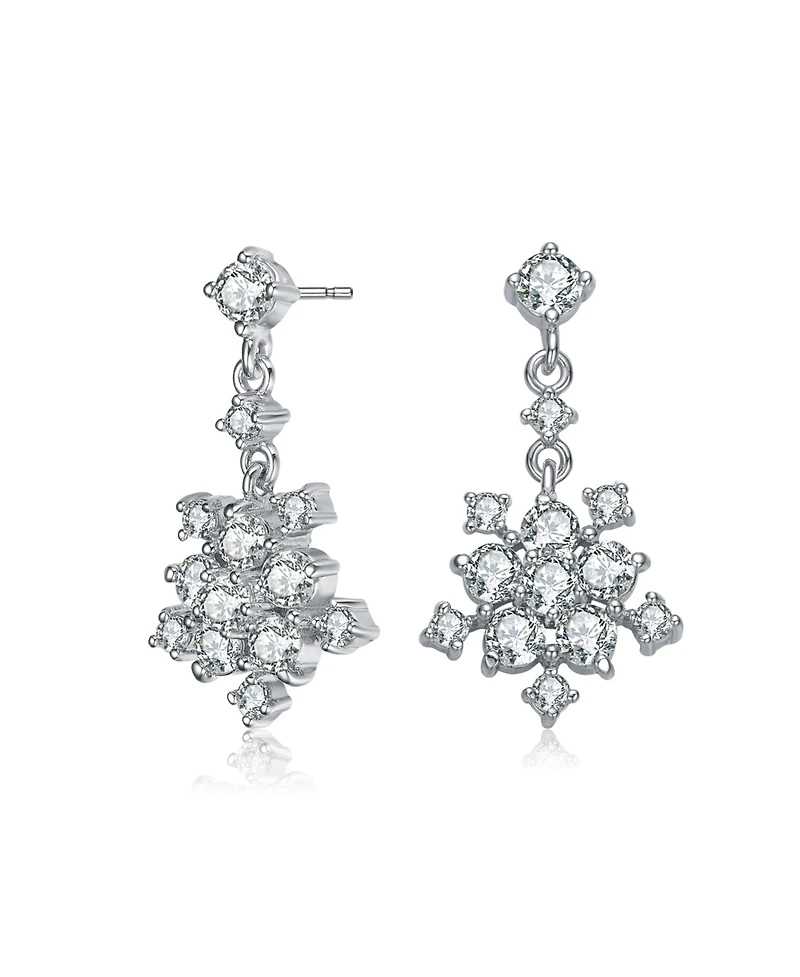 Sterling Silver with Rhodium Plated Clear Round Cubic Zirconia Cluster Flower Style Drop Earrings