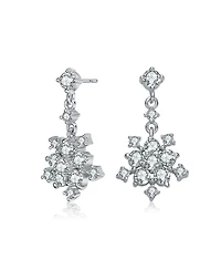 Sterling Silver with Rhodium Plated Clear Round Cubic Zirconia Cluster Flower Style Drop Earrings