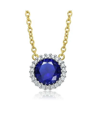 Sterling Silver Two-Tone Cubic Zirconia Round Colored Necklace with Gold Link Chain