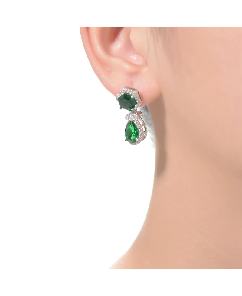 Vintage Rhodium-Plated Halo Earrings Sterling Silver with Green & Cubic Zirconia