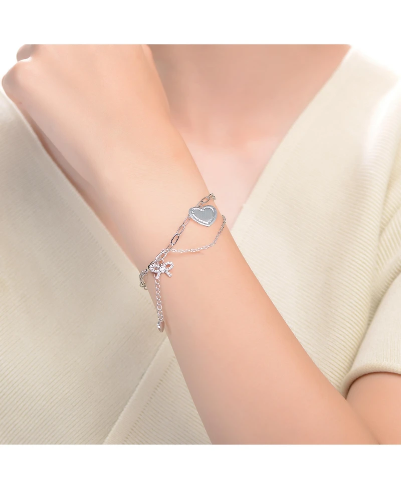 Sterling Silver with Rhodium Plated Heart Paper Clip Chains Bracelet