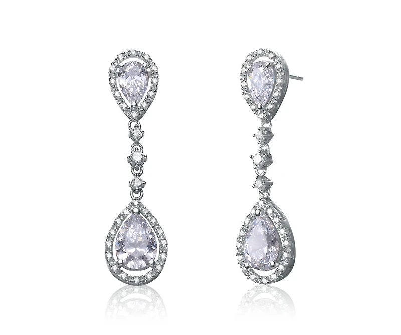 Cubic Zirconia Sterling Silver Rhodium Plated Pear Shape Drop Earrings