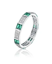 Sterling Silver White Gold Plated with Red Baguette & Round Cubic Zirconia Eternity Band Stacking Ring