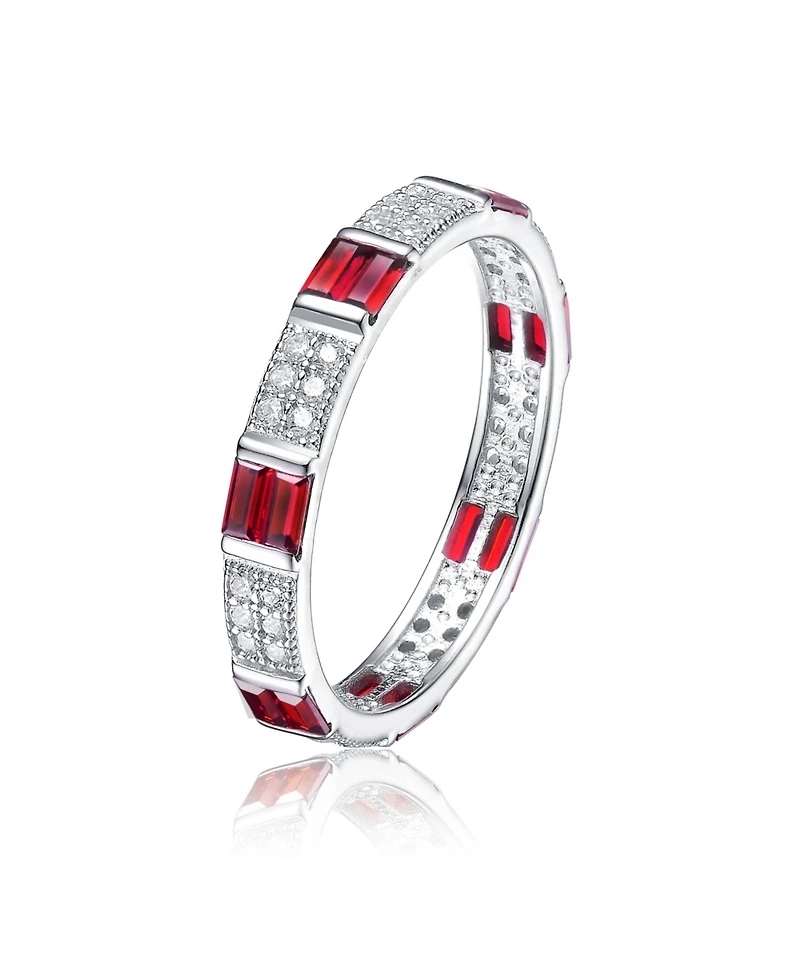 Sterling Silver White Gold Plated with Red Baguette & Round Cubic Zirconia Eternity Band Stacking Ring