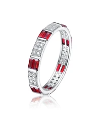 Sterling Silver White Gold Plated with Red Baguette & Round Cubic Zirconia Eternity Band Stacking Ring