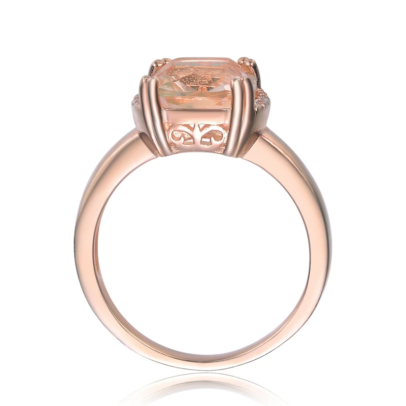 Sterling Silver 18k Rose Gold Plated with Pink & Cubic Zirconia Cushion Solitaire Halo Ring