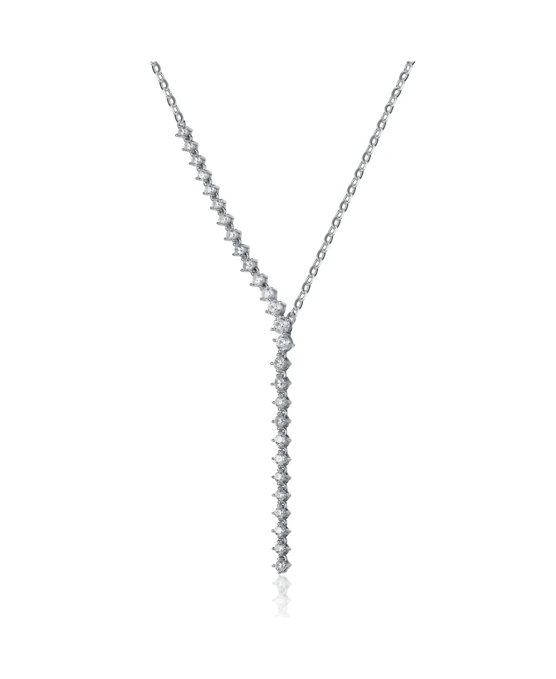 Rhodium-Plated with Cubic ZIrconia Asymmetrical Waterfall Y-Necklace Sterling Silver