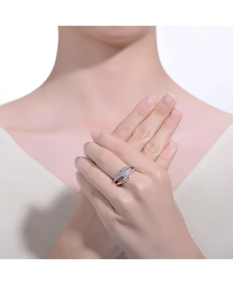 Rhodium-Plated with Cubic Zirconia Criss-Cross Sparkling Arc Ring Sterling Silver
