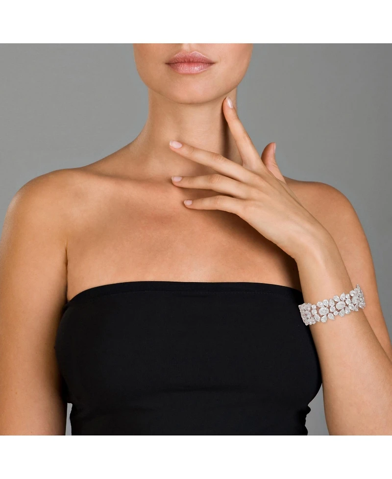 Genevive Exquisite Rhodium-Plated Sterling Silver Flower Bracelet with Cubic Zirconia