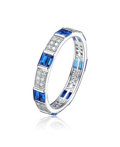 Sterling Silver White Gold Plated with Red Baguette & Round Cubic Zirconia Eternity Band Stacking Ring
